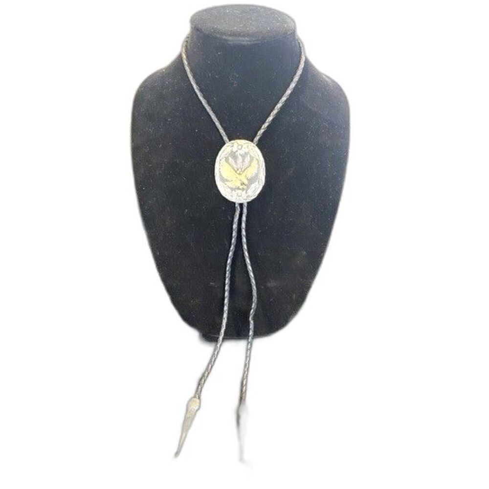 VTG S.S.I. Handmade USA Bolo Tie Gold Flying Eagle Silver/Black Diamond Cut